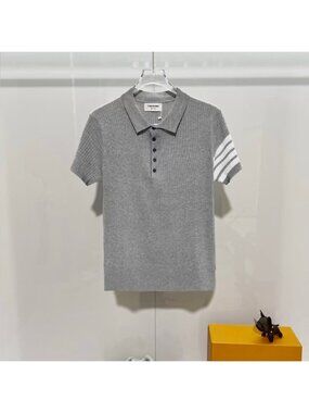 THOM BROWNE Four-Stripe Summer Knit Sweater for Men, Collared Short Sleeve